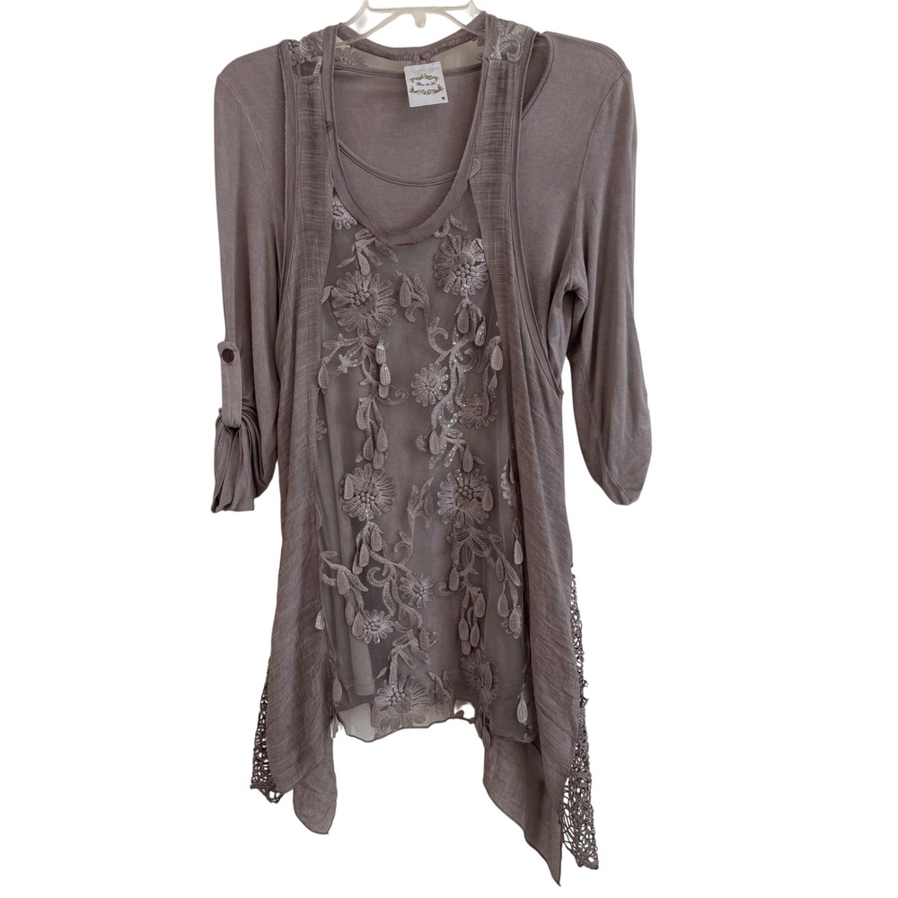 Fleur de Lis Taupe Floral Embroidered Lace Sheer Layered Tunic Top BOHO S NWOT